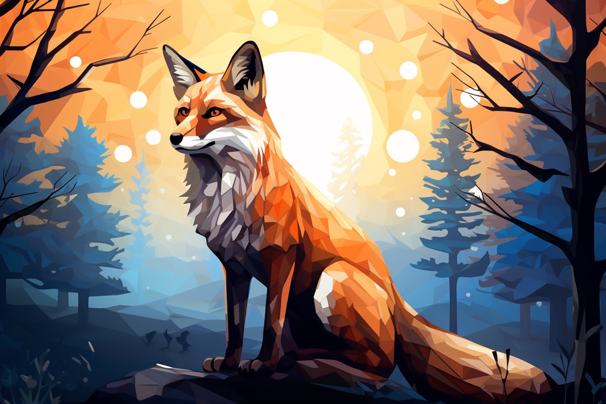 Illustration eines Fuchses im Wald bei Sonnenuntergang, generiert mit Midjourney