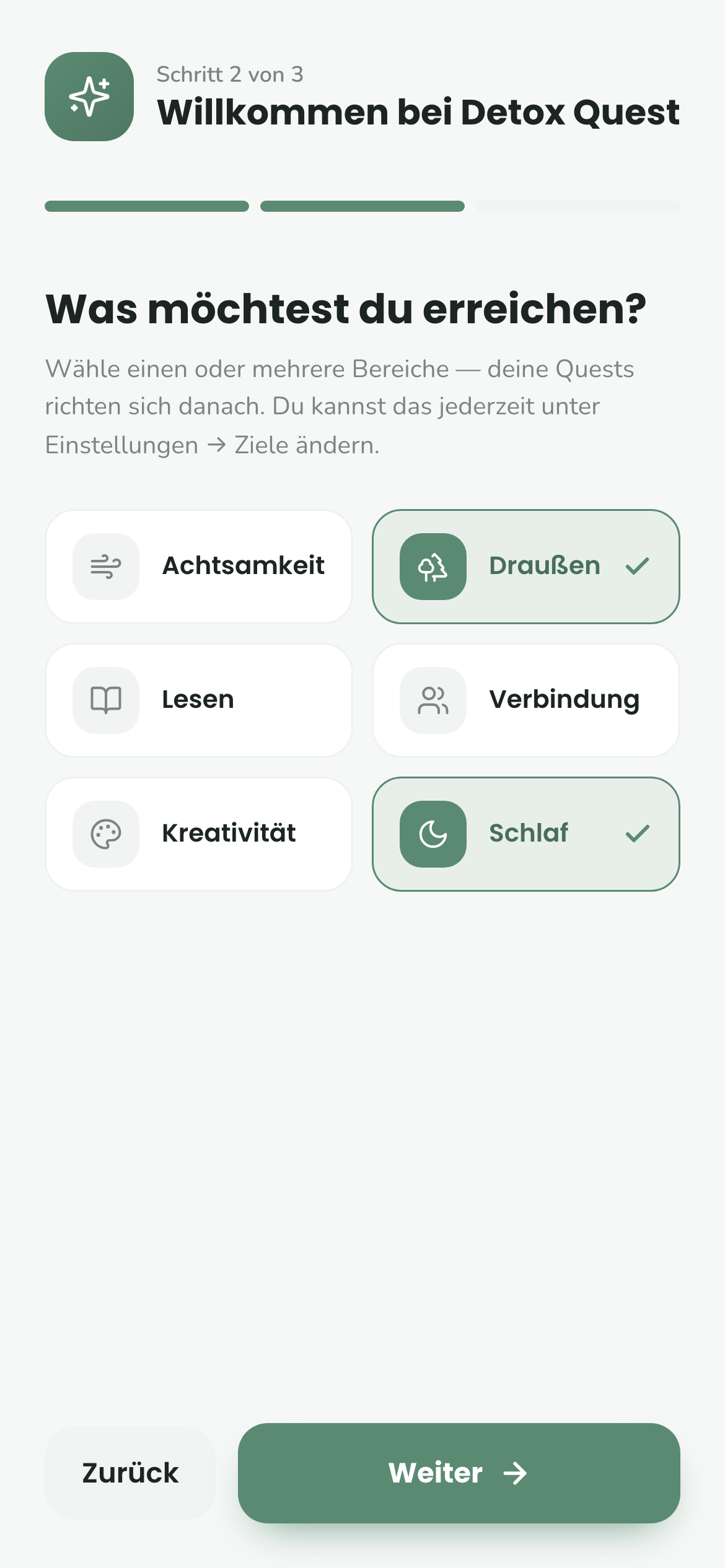 Onboarding-Schritt „Was möchtest du erreichen?“ mit sechs wählbaren Themen-Kacheln, Draußen und Schlaf sind ausgewählt