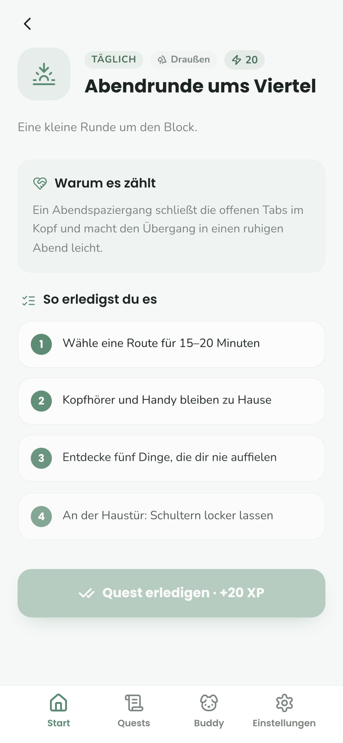 Detailansicht der Quest „Abendrunde ums Viertel“ mit Themen-Badge, „Warum es zählt“ und nummerierten Schritten