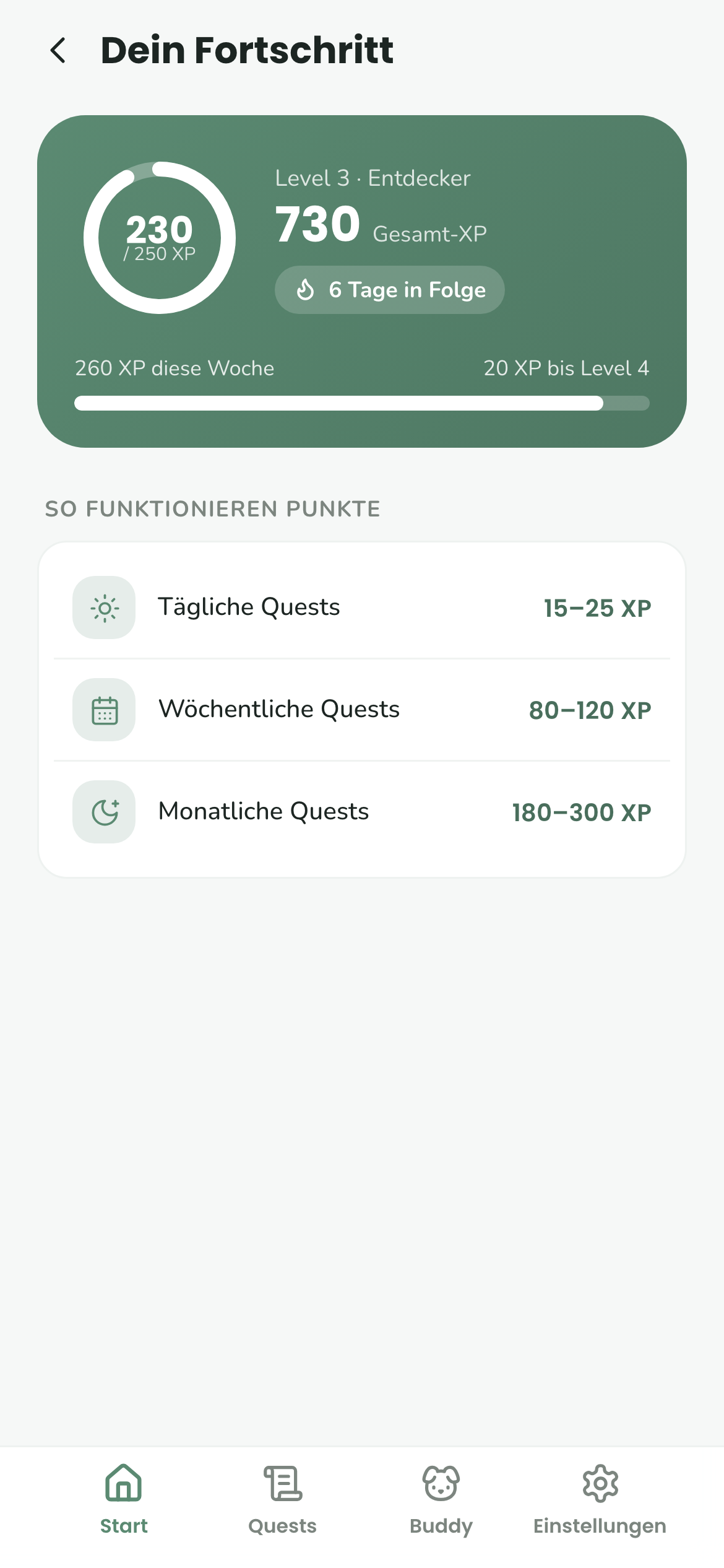 Fortschrittsansicht mit Level 3, Gesamt-XP, Wochen-XP und Fortschrittsbalken zum nächsten Level
