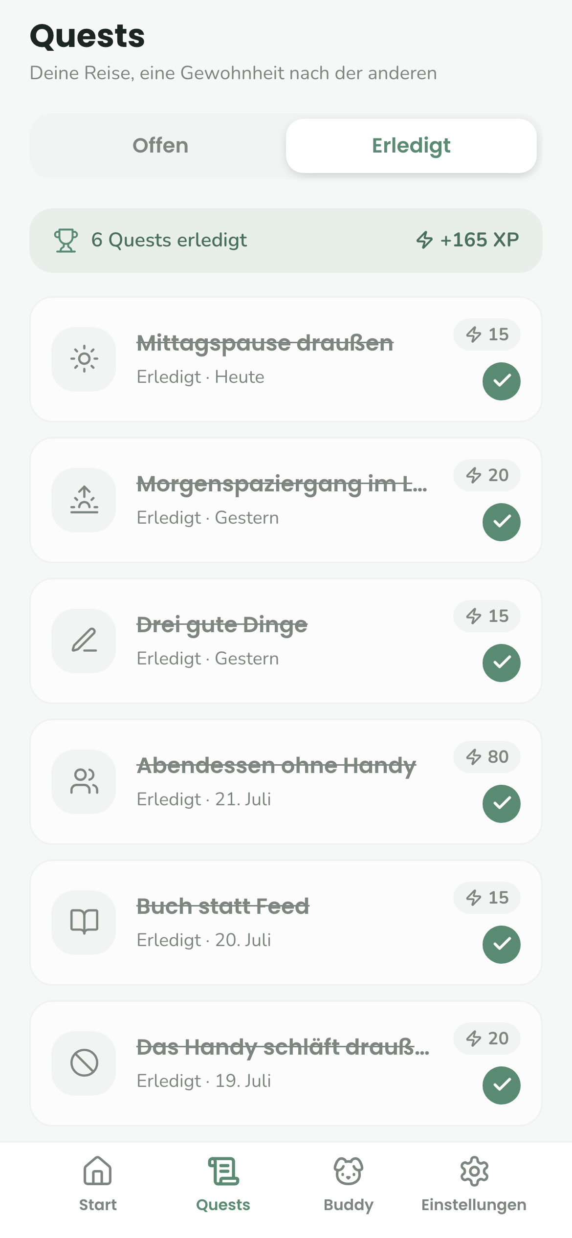 Erledigt-Liste mit abgehakten Quests, Datumsangaben und Summe der verdienten XP