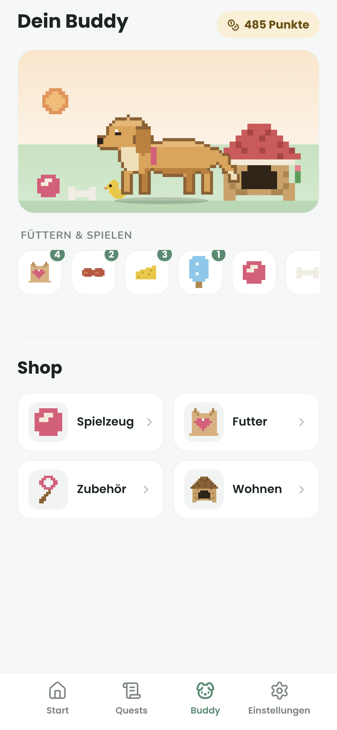 Buddy-Tab: Pixel-Golden-Retriever vor Deluxe-Hütte mit Ball, Ente und Quietsche-Ente, darunter Leckerli-Leiste und Shop-Kategorien