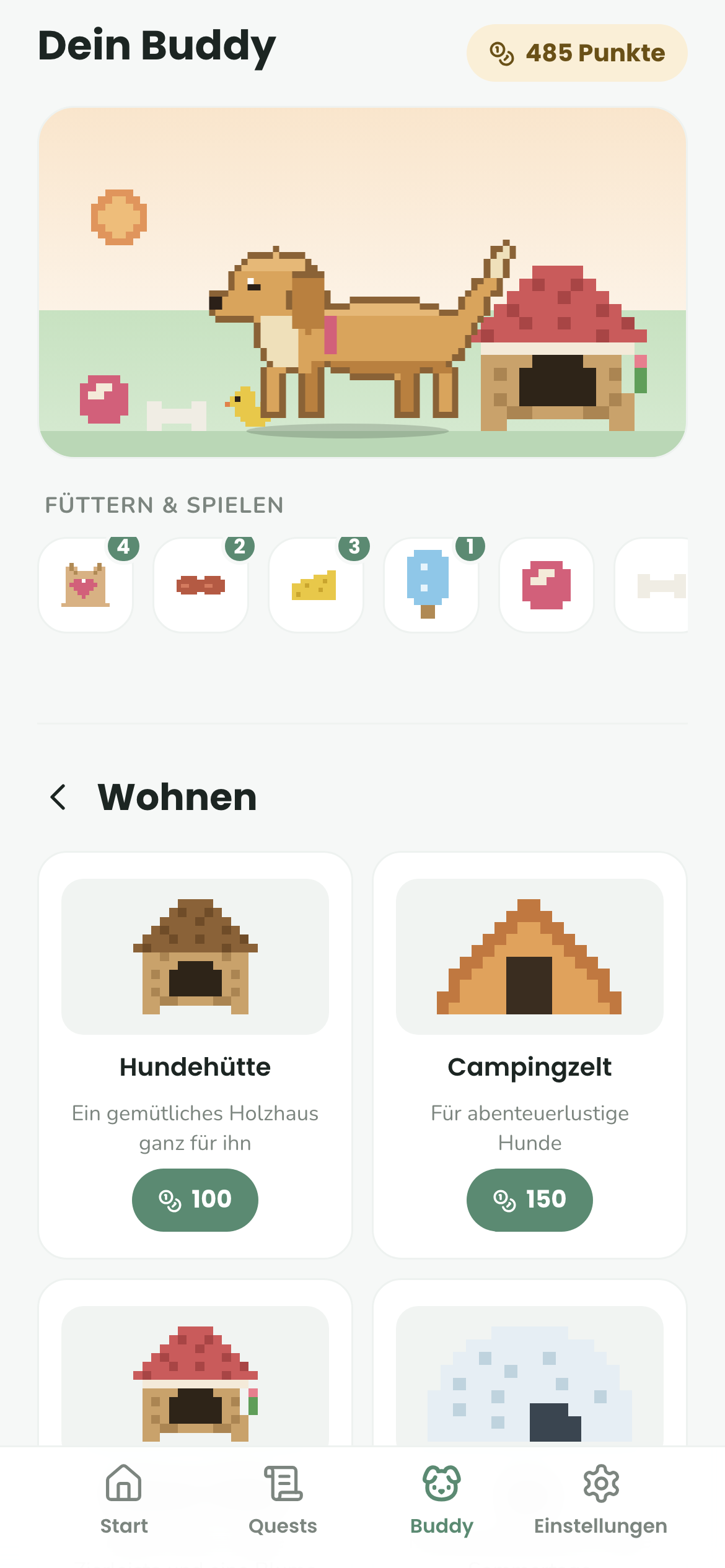 Shop-Kategorie Wohnen mit sechs Behausungen als Pixel-Produktfotos, von Hundehütte (100 Punkte) bis Schloss (600 Punkte)