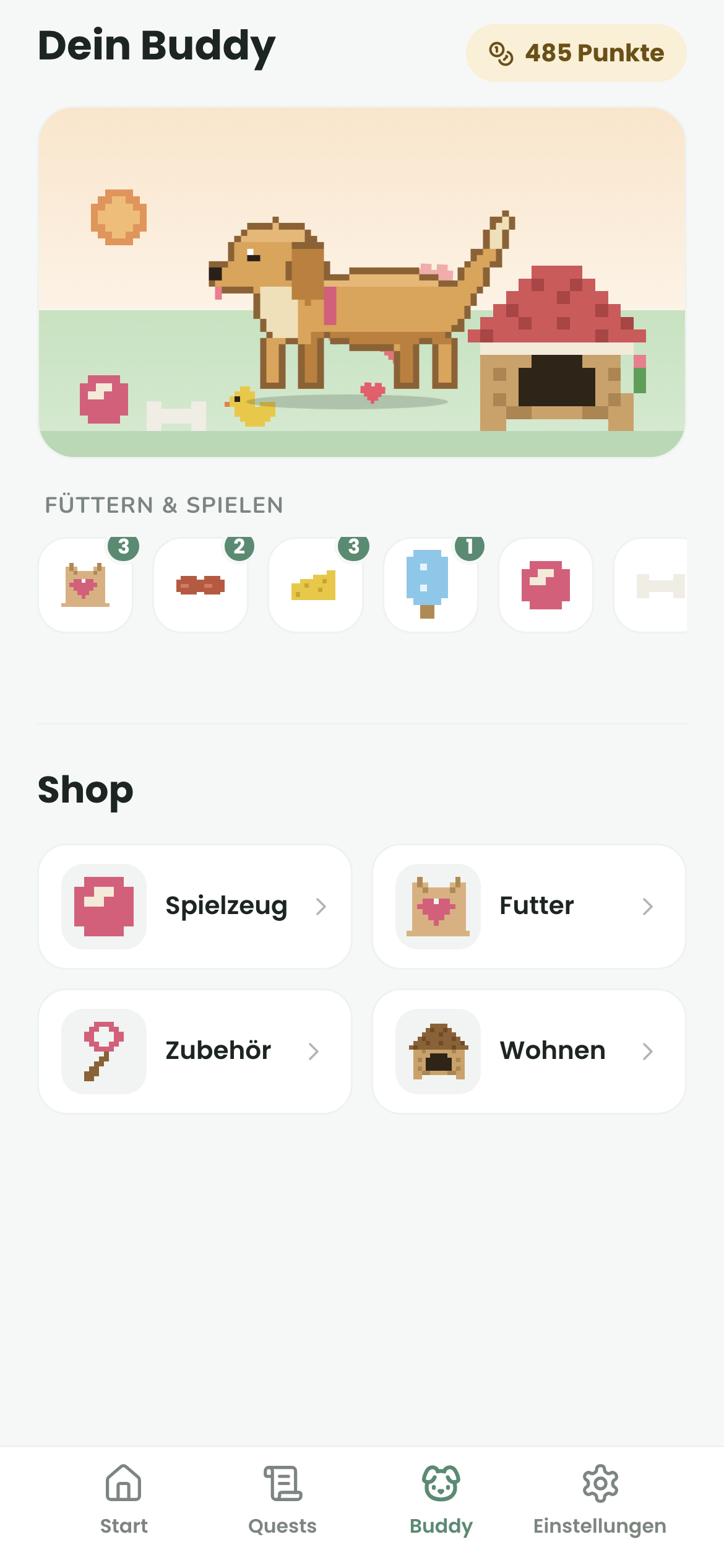 Fütterungs-Animation: Der Hund hüpft mit herausgestreckter Zunge, rote Pixel-Herzen steigen auf
