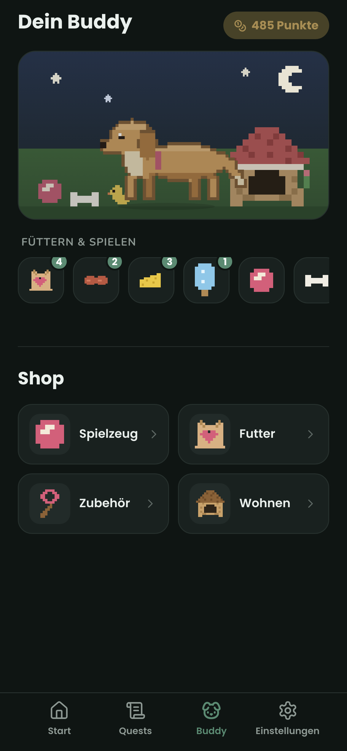Buddy-Szene bei Nacht: dunkelblauer Himmel mit Pixel-Mond und Sternen, abgedunkelte Szene