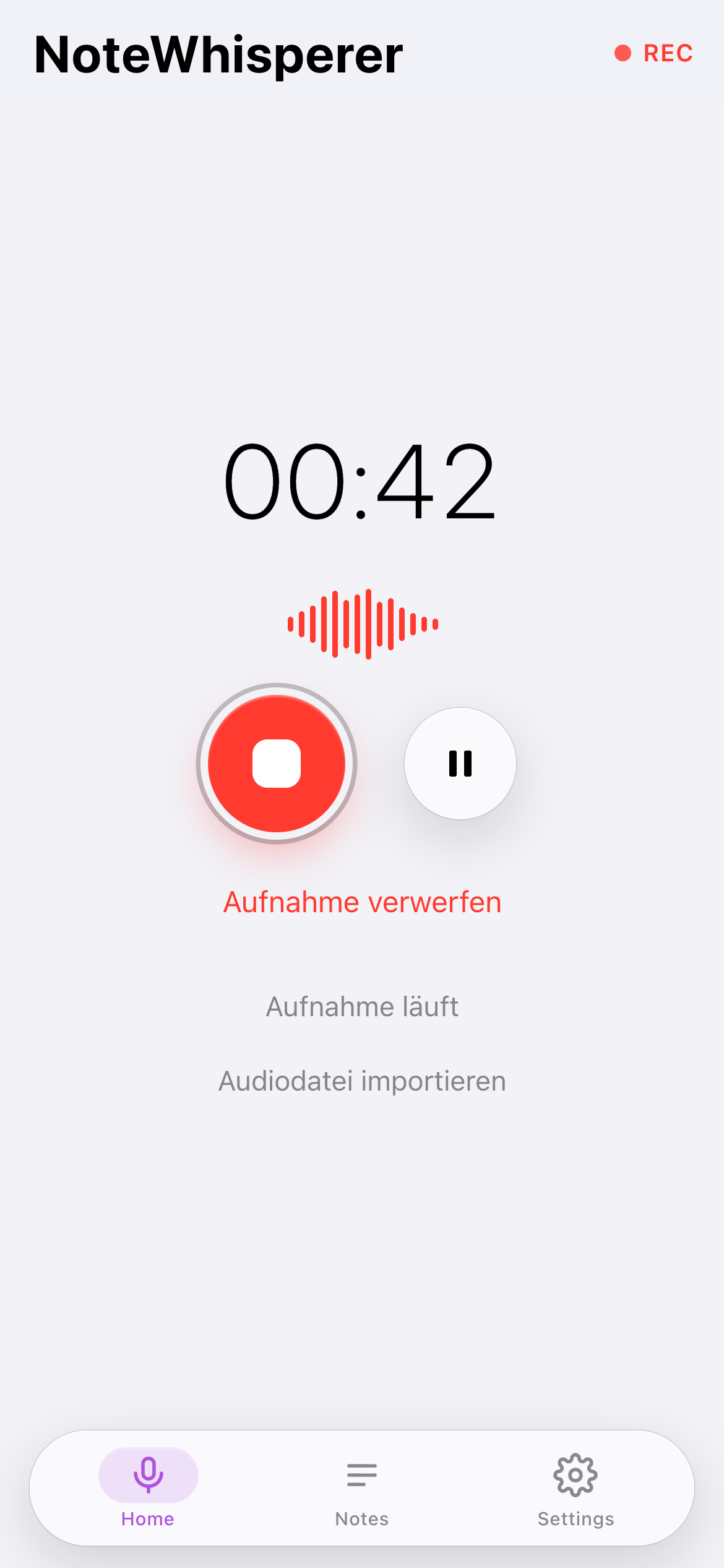 Laufende Aufnahme mit Timer, animierter Pegelanzeige sowie Stopp- und Pause-Button
