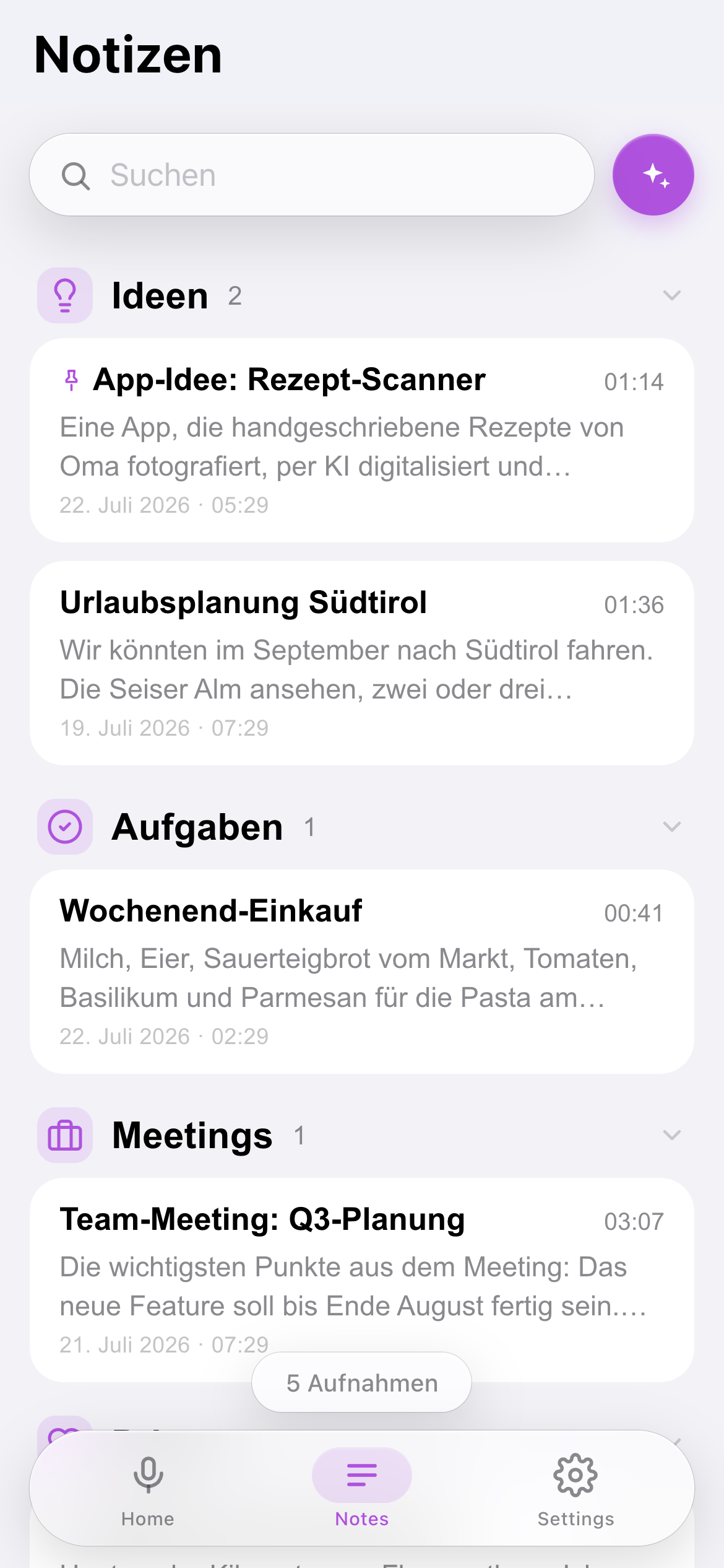 Notizen-Übersicht mit Suchfeld und Notizen, gruppiert in die Kategorien Ideen, Aufgaben und Meetings