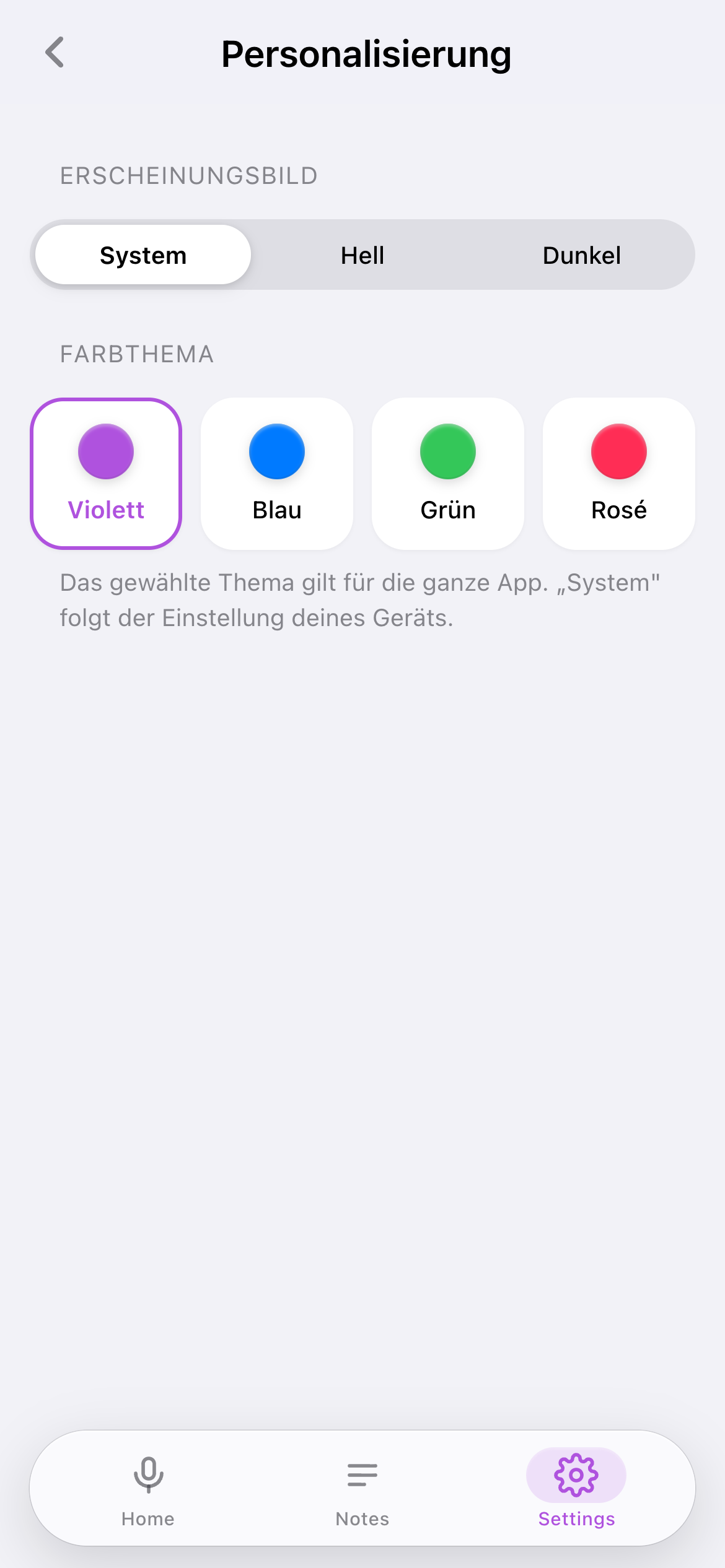 Personalisierungs-Einstellungen mit Umschalter für System, Hell und Dunkel sowie vier Farbthemen: Violett, Blau, Grün und Rosé