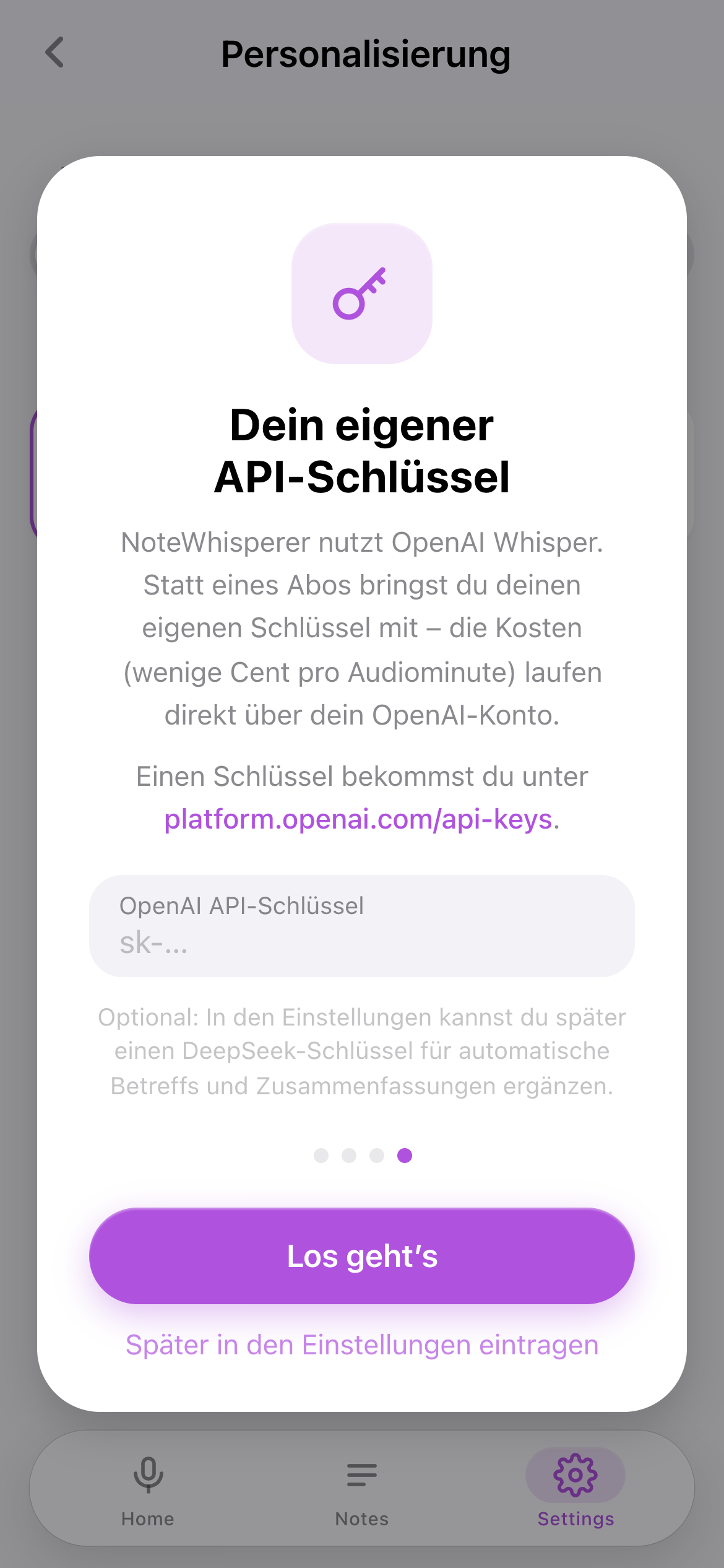 Onboarding-Dialog „Dein eigener API-Schlüssel“, der das Bring-your-own-Key-Prinzip erklärt und ein Eingabefeld für den OpenAI-Schlüssel zeigt