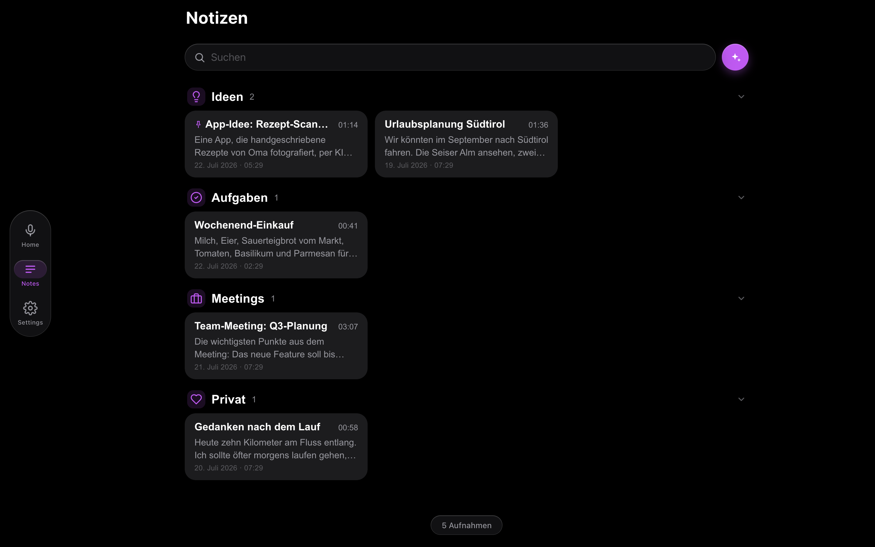 NoteWhisperer auf dem Desktop im Dunkelmodus: Notizen-Übersicht im mehrspaltigen Layout mit seitlicher Glas-Navigation
