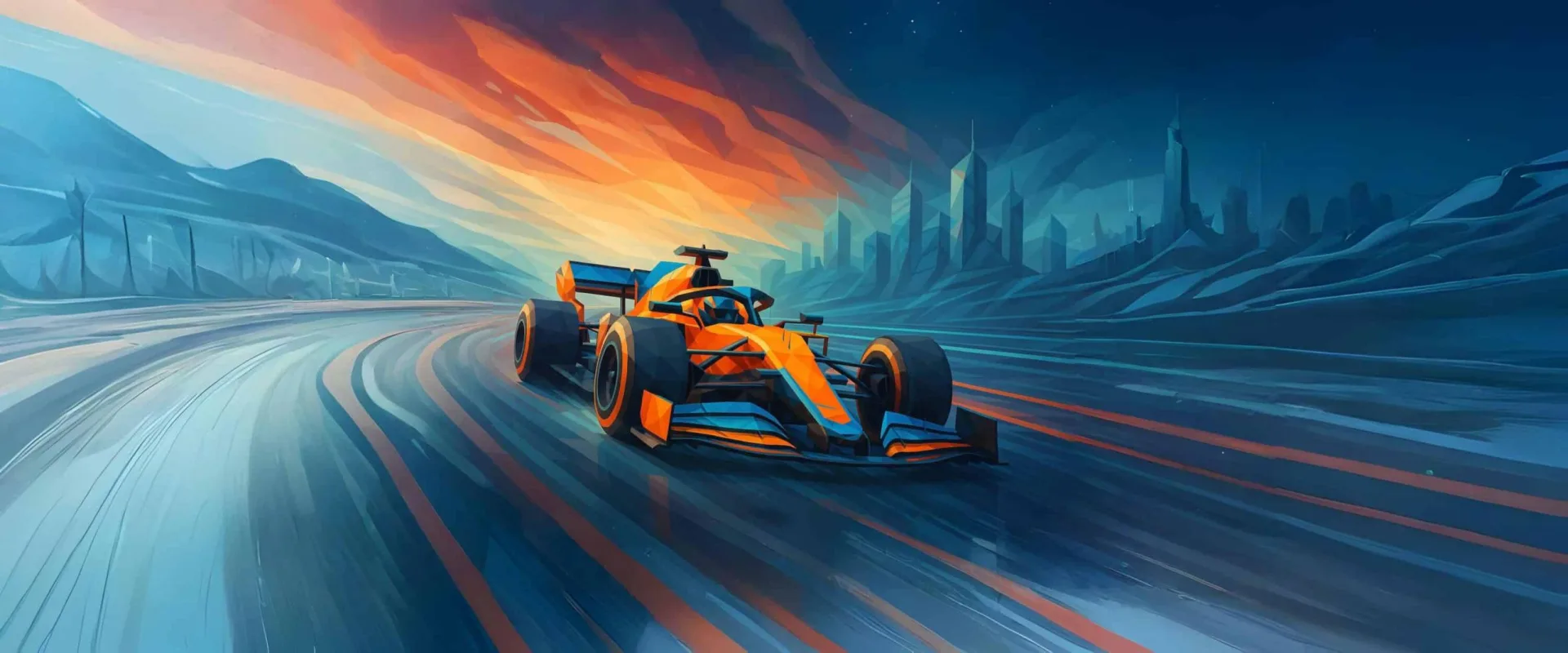Illustration eines Formel-1-Rennwagens vor einer Stadtkulisse
