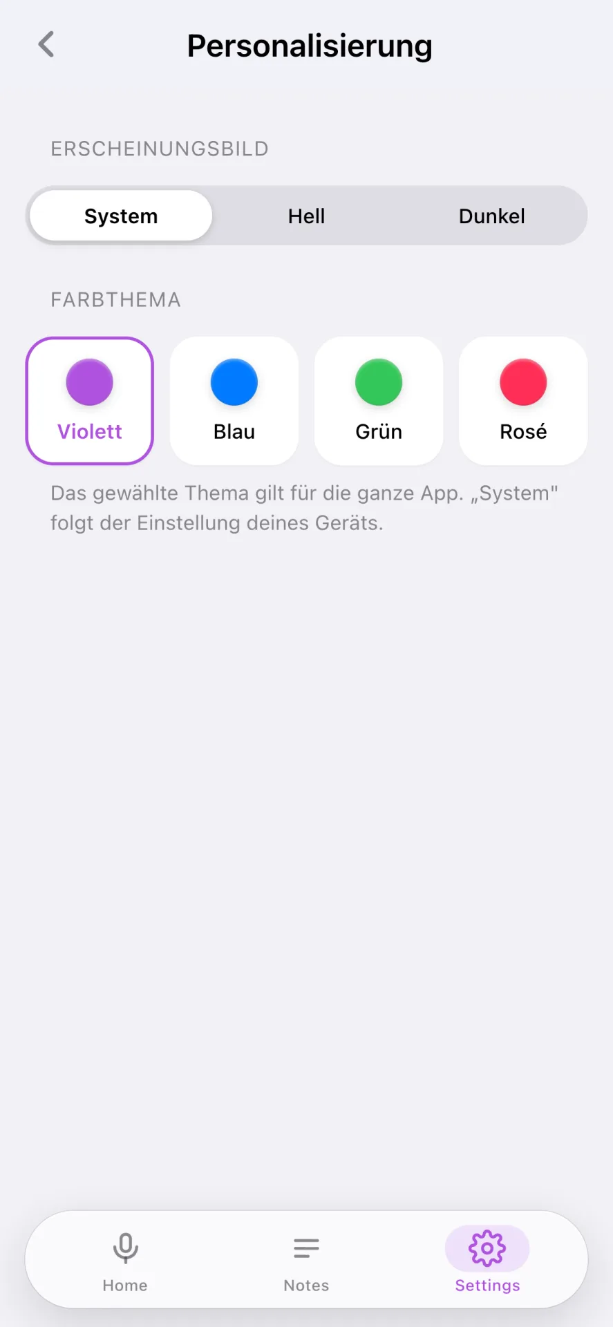 Personalisierungs-Einstellungen mit Umschalter für System, Hell und Dunkel sowie vier Farbthemen: Violett, Blau, Grün und Rosé