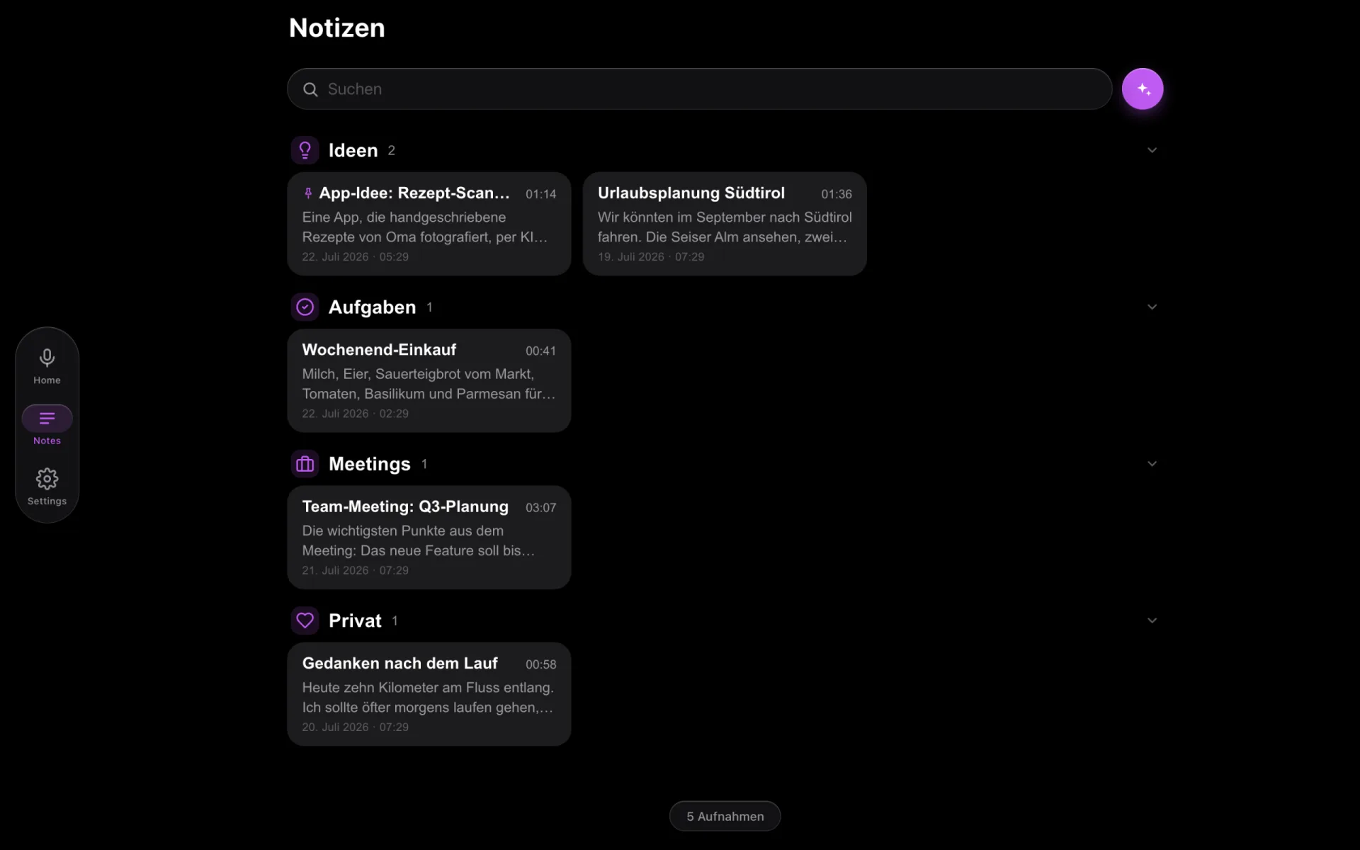 NoteWhisperer auf dem Desktop im Dunkelmodus: Notizen-Übersicht im mehrspaltigen Layout mit seitlicher Glas-Navigation