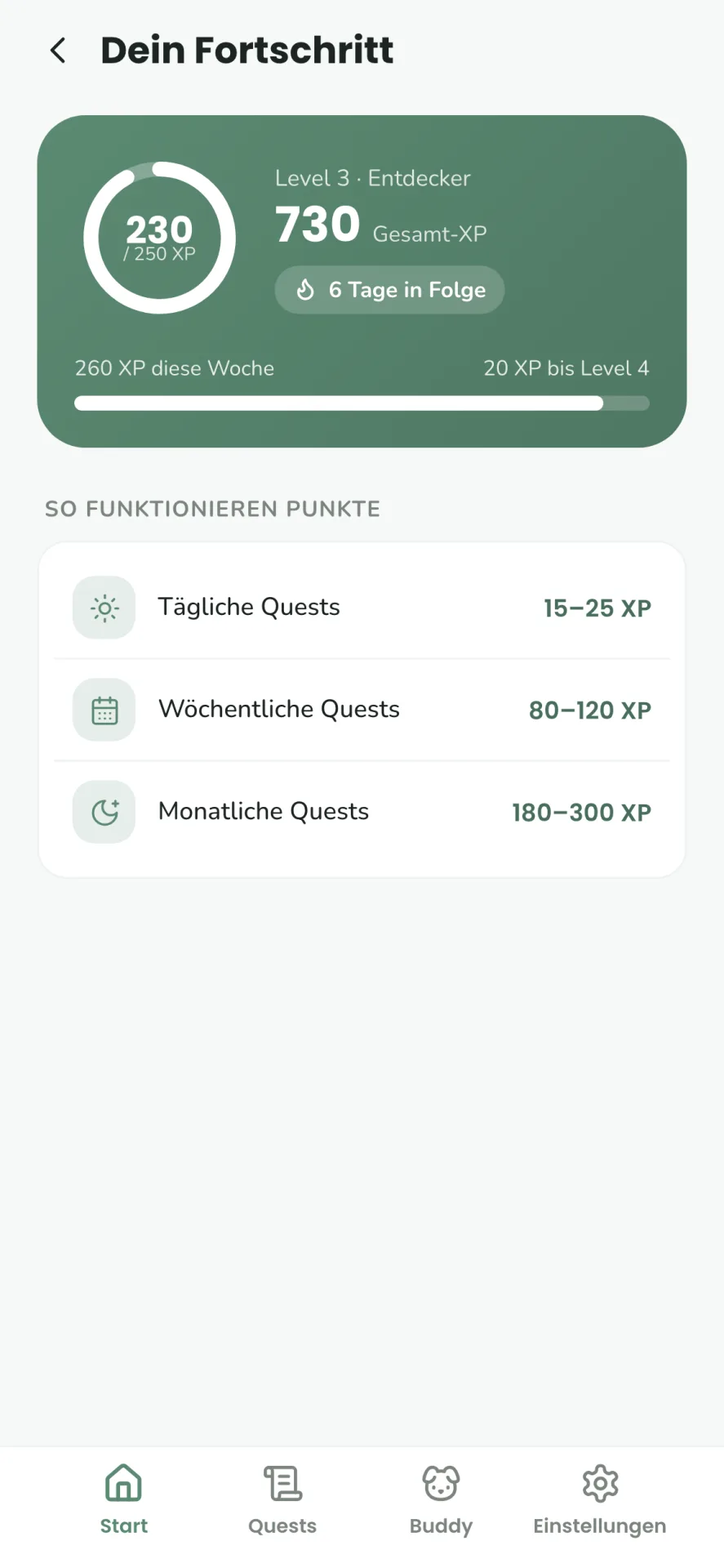 Fortschrittsansicht mit Level 3, Gesamt-XP, Wochen-XP und Fortschrittsbalken zum nächsten Level