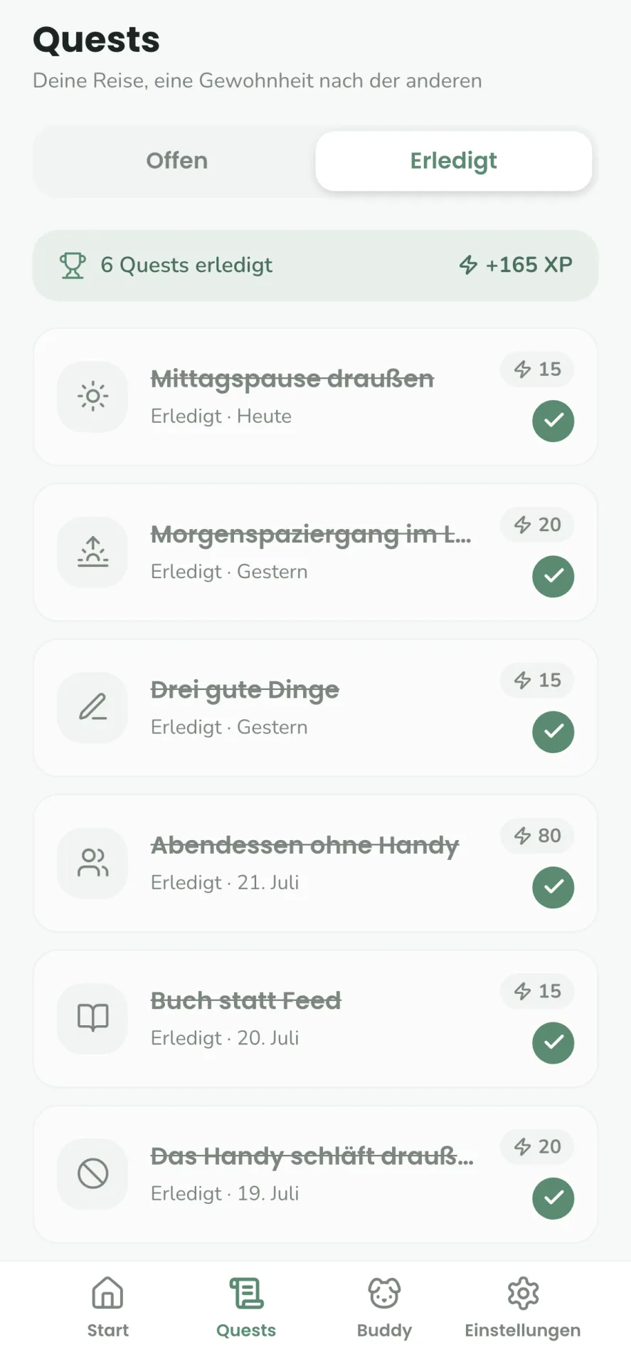 Erledigt-Liste mit abgehakten Quests, Datumsangaben und Summe der verdienten XP