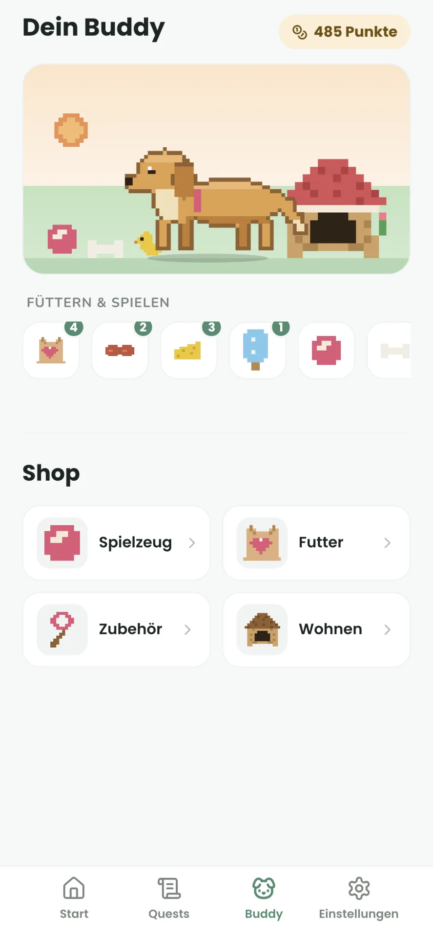 Buddy-Tab: Pixel-Golden-Retriever vor Deluxe-Hütte mit Ball, Ente und Quietsche-Ente, darunter Leckerli-Leiste und Shop-Kategorien