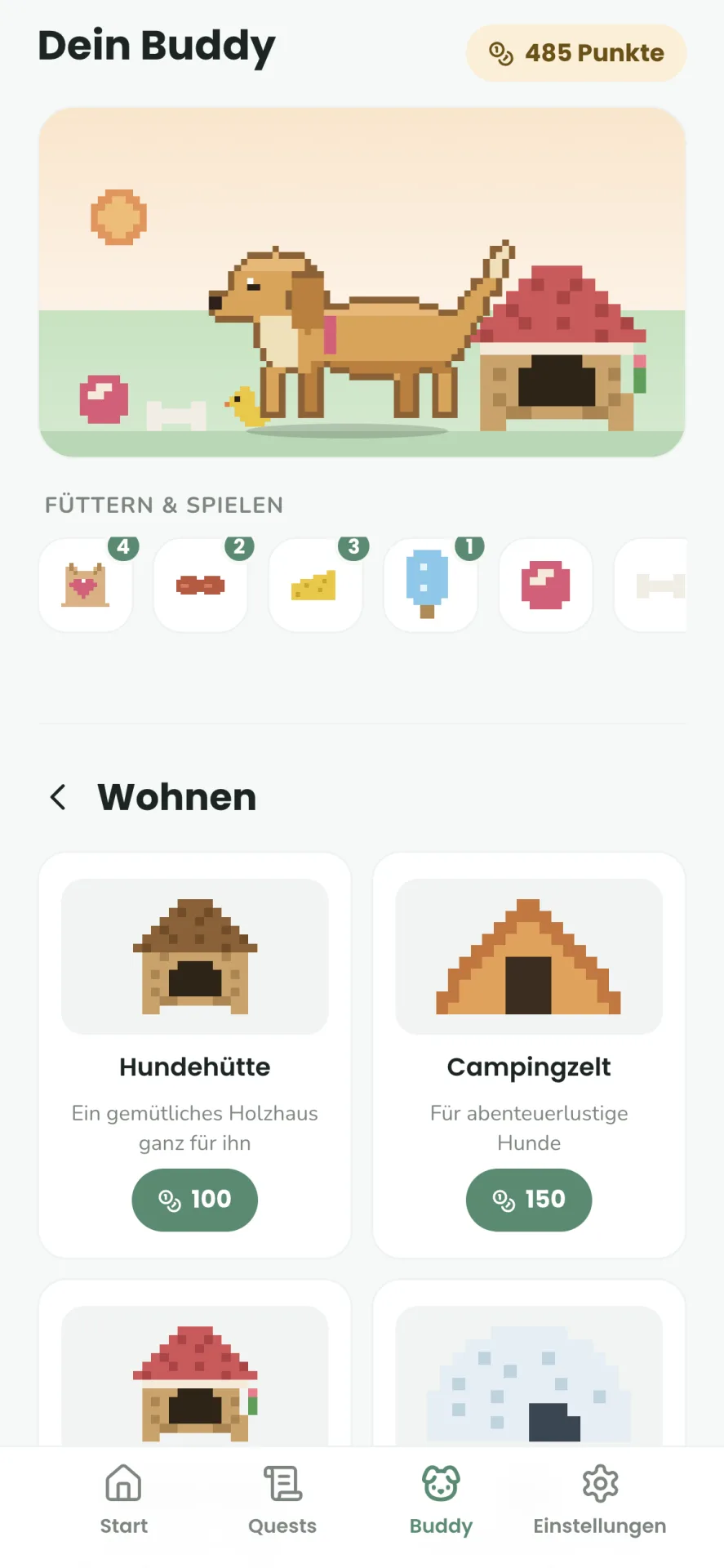 Shop-Kategorie Wohnen mit sechs Behausungen als Pixel-Produktfotos, von Hundehütte (100 Punkte) bis Schloss (600 Punkte)