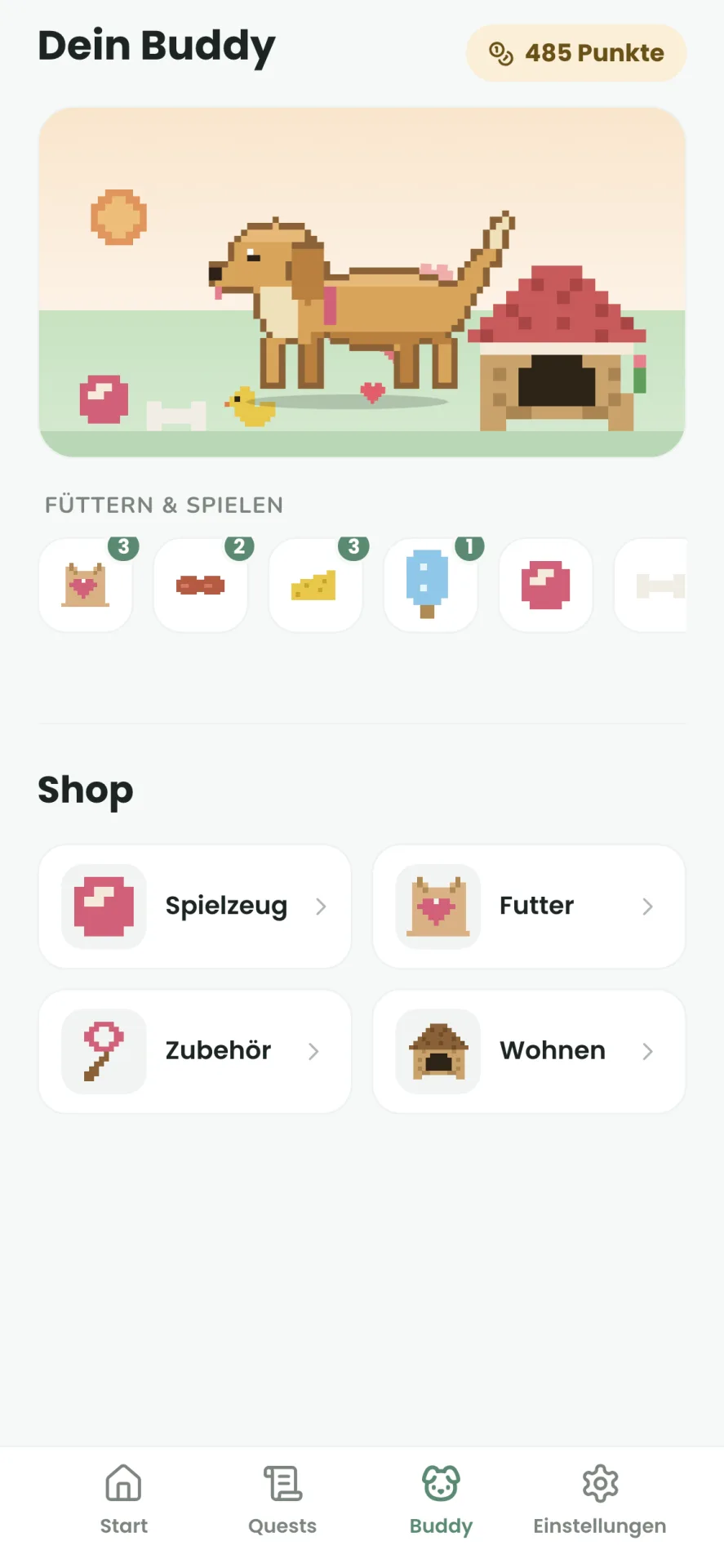 Fütterungs-Animation: Der Hund hüpft mit herausgestreckter Zunge, rote Pixel-Herzen steigen auf
